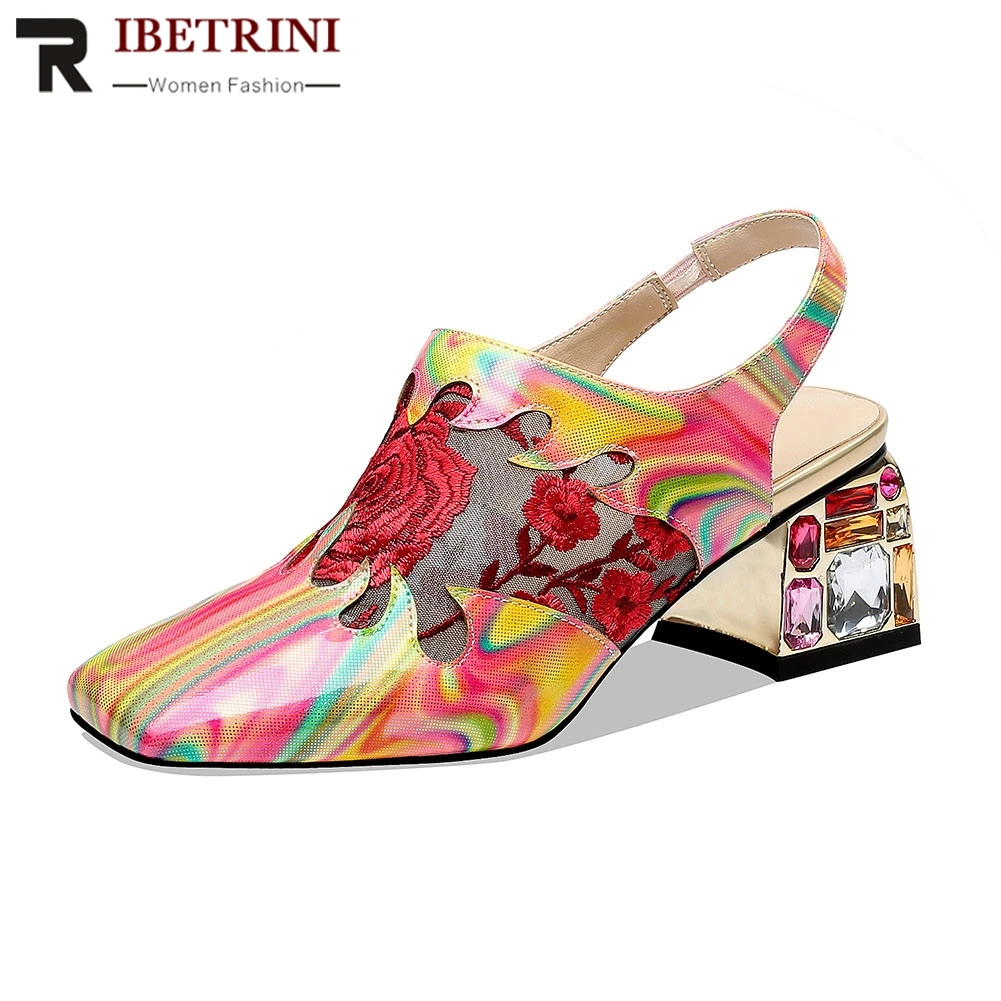 

RIBETRINI New Big Size 34-41 Ladies High Heels Patent Genuine Leather Crystal Print Shoes Woman Casual Party Summer Sandals