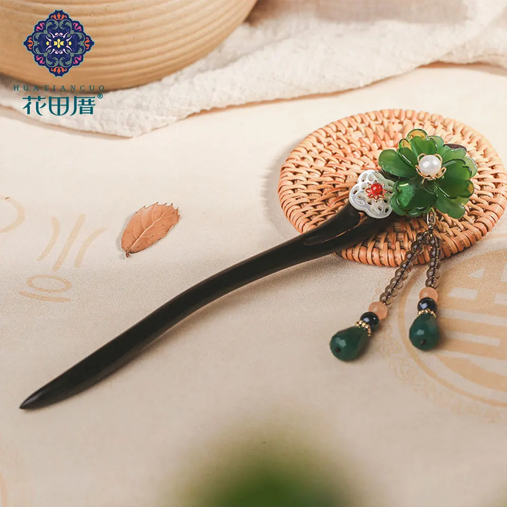 Этническая ручной зеленый цветок деревянные палочки для волос белый полый оболочки диска Стекло опал болтаются шпилька для женский