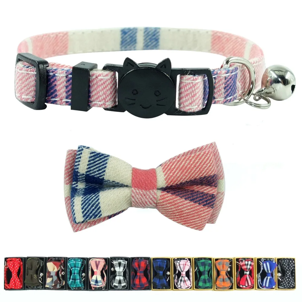 

XPangle Plaid Cat Collar Breakaway Bowtie Cotton Bell Accessories Quick Release Safety Collars for Puppies Cat Kitten 17-28cm