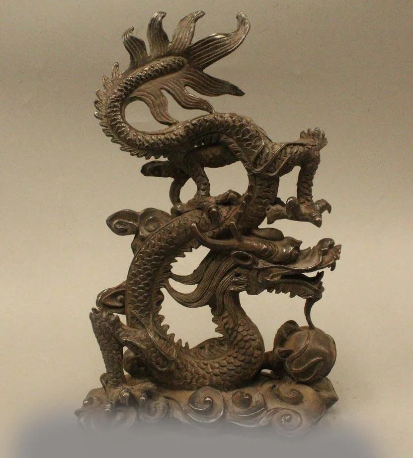 

10" China Chinese Fengshui Bronze Fu Foo Zodiac Year Dragon Play Bead Statue