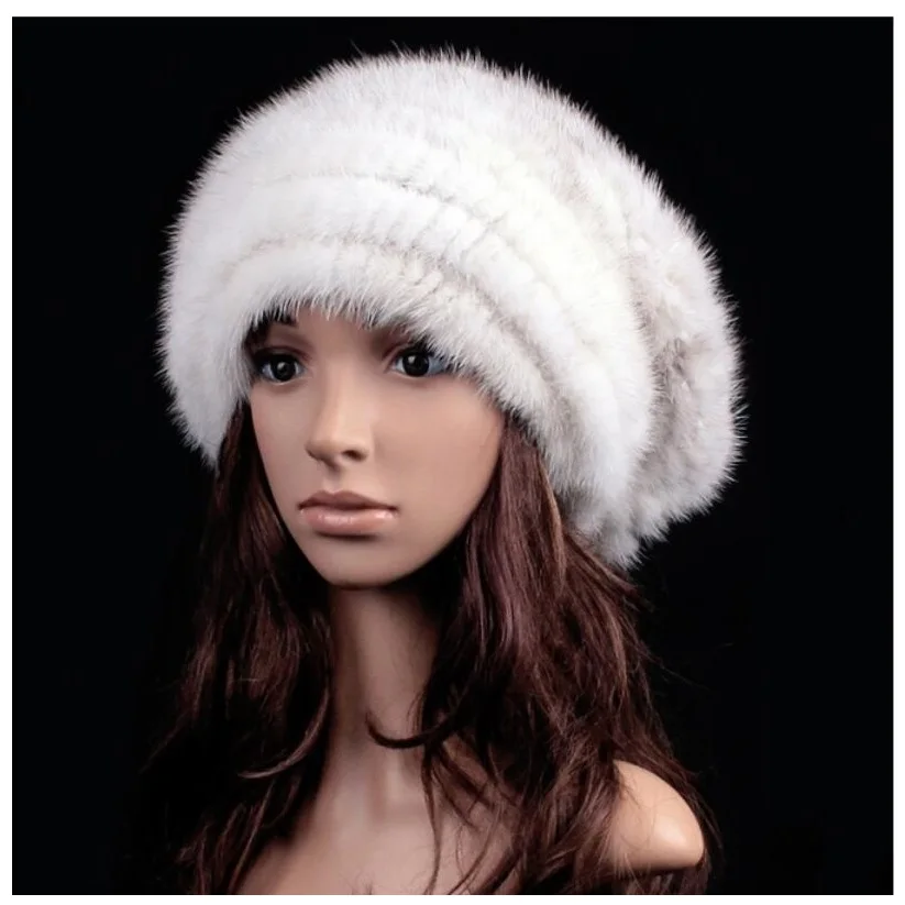 Женская меховая мешковатая шапка из натурального меха норки, Осень-зима, белая, 4 цвета, Большие меховые шапки Куницы, вязаные меховые теплые шапки H145 - Цвет: Белый