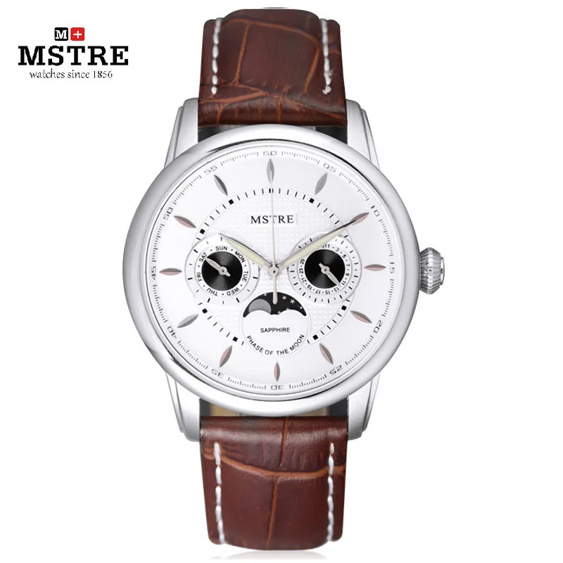 Brand MSTRE Men s Casual Business Watch Male Japan Quartz Wrist Watches Moon Phase Genuine Leather