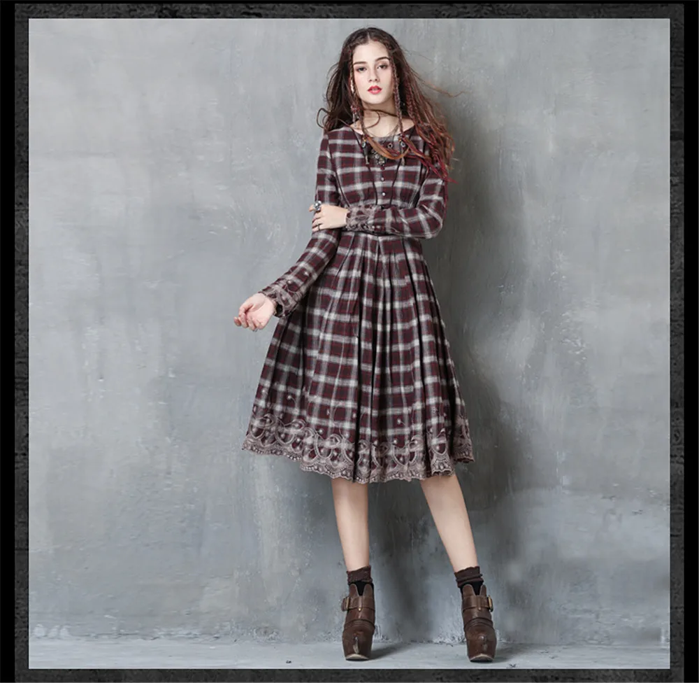 Vintage Embroidery Plaid Women Dress 2017 Autumn Vestido Femininos Cotton Long Sleeve Dress Plaid Patchwork O neck Women Dresses (8)