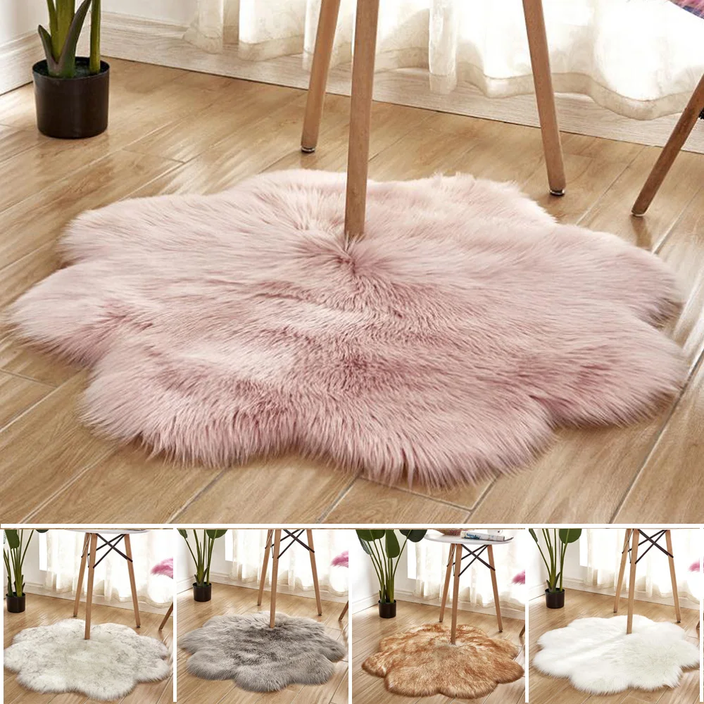Plum Blossom Shaped Soft Fluffy Bedroom Faux Fur Fake Wool Sheepskin Rugs Warm Hairy Dining Room Home Carpet Anti-Skid Floor Mat