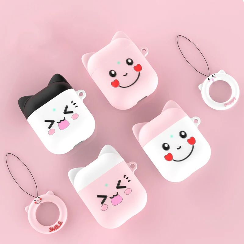 

Cute Smile Face Case For Apple Airpods Soft Silicone Protective Pink Cover For Airpod Charging Box Case With Finger Ring Strap