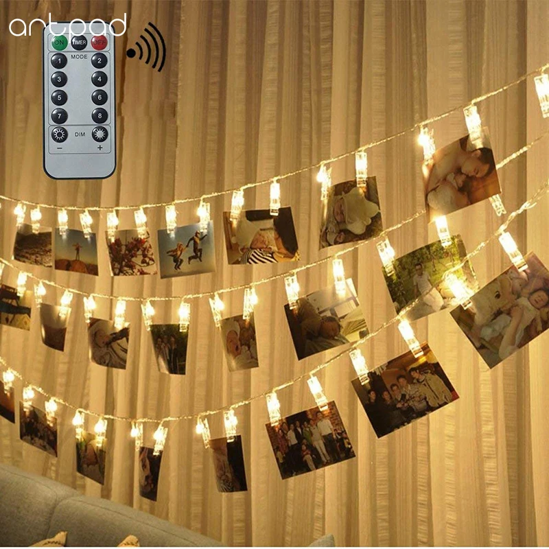 

Dimmable 6M 40leds Led Clip Holder For Picture display Romantic Party String Lights Warm White Remote Control Battery Powered