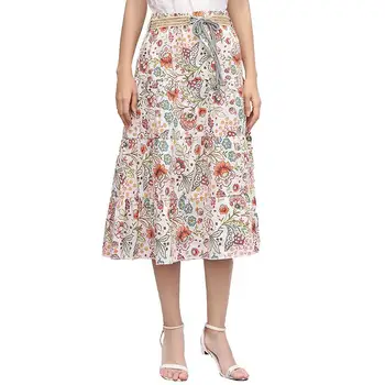 

Bohemian A-line Printed Linen Skirt Women Summer Midi Skirt For Women Lace Up Woman Skirt