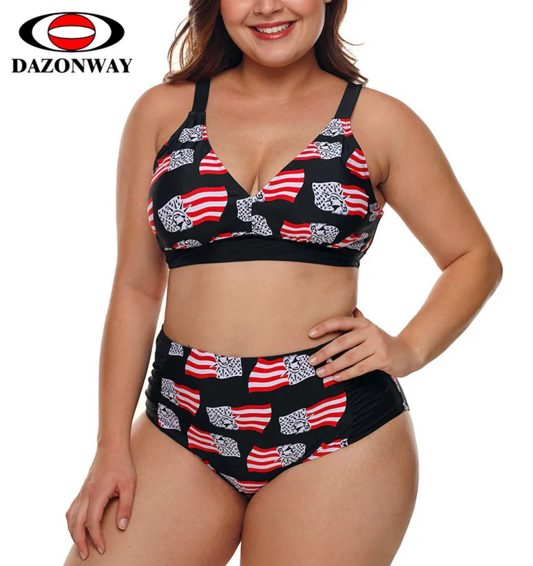 

DAZONWAY Printed Bikini Plus Size Removable Chest Pad Wire Free High Waist Triangle Split Swimsuit Two-Piece Suits Swimwear XXXL