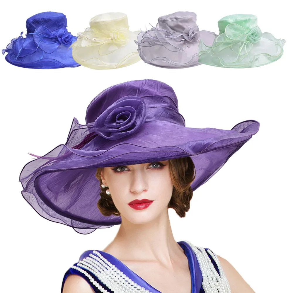 Ladies Fedoras Hat Women Fascinators Flower Feather Summer Hat Large