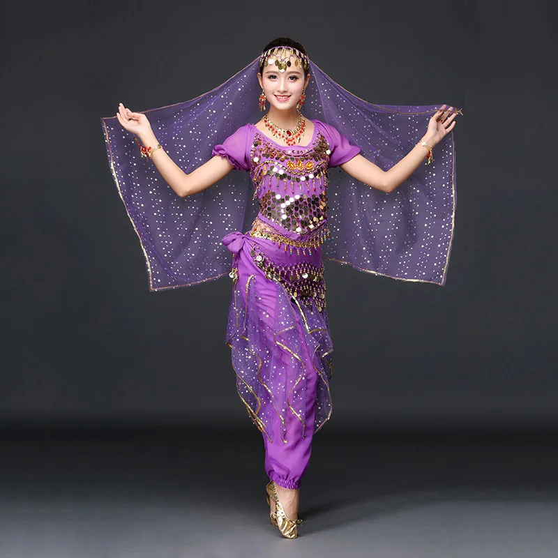 Женская танцевальная одежда сари набор костюма для танца живота Болливуд индийские брюки костюм 5 шт.: топ, пояс, брюки, браслеты и вуаль - Цвет: purple short sleeves