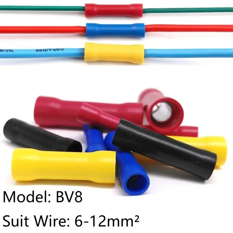 

5pcs BV1.25 BV2 BV3.5 BV5.5 BV8 Straight Butt Wire Terminal Splice Crimp PVC Full Insulated Copper Tube Cold Press Cable Connect