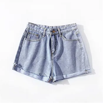 

Summer new European and American street bright diamond high waist denim shorts women, was thin solid color wide leg denim shorts