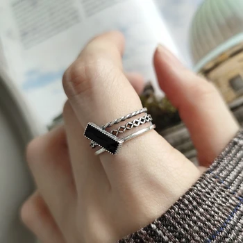 

LouLeur 925 sterling silver Rectangle rings vintage drop glaze three layer line open rings for women 2019 summer jewelry gift