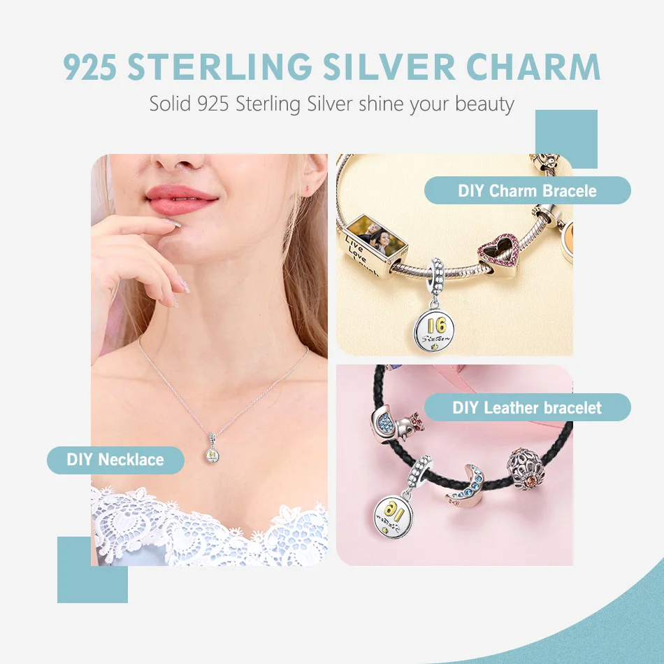 ELESHE Authentic 925 Sterling Silver SIXTEEN Gold Charms Bead Fit Original Pandora Bracelet Necklace DIY Fine Jewelry Making