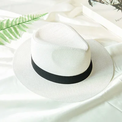 Новые Летние головные уборы для мужчин и женщин Соломенная Панама, шляпы однотонные простые с широкими полями пляжные шляпы с лентой унисекс шляпа от солнца Fedora - Цвет: white
