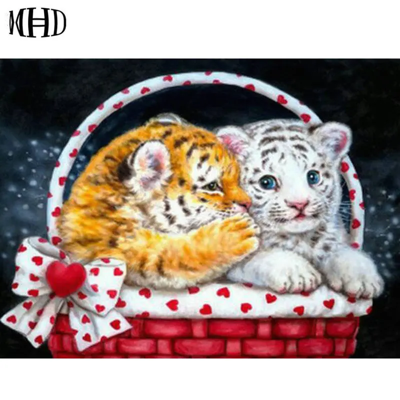 MHD Цветочная корзина и тигр 5d diy алмазная живопись 2 маленький полный Круглый