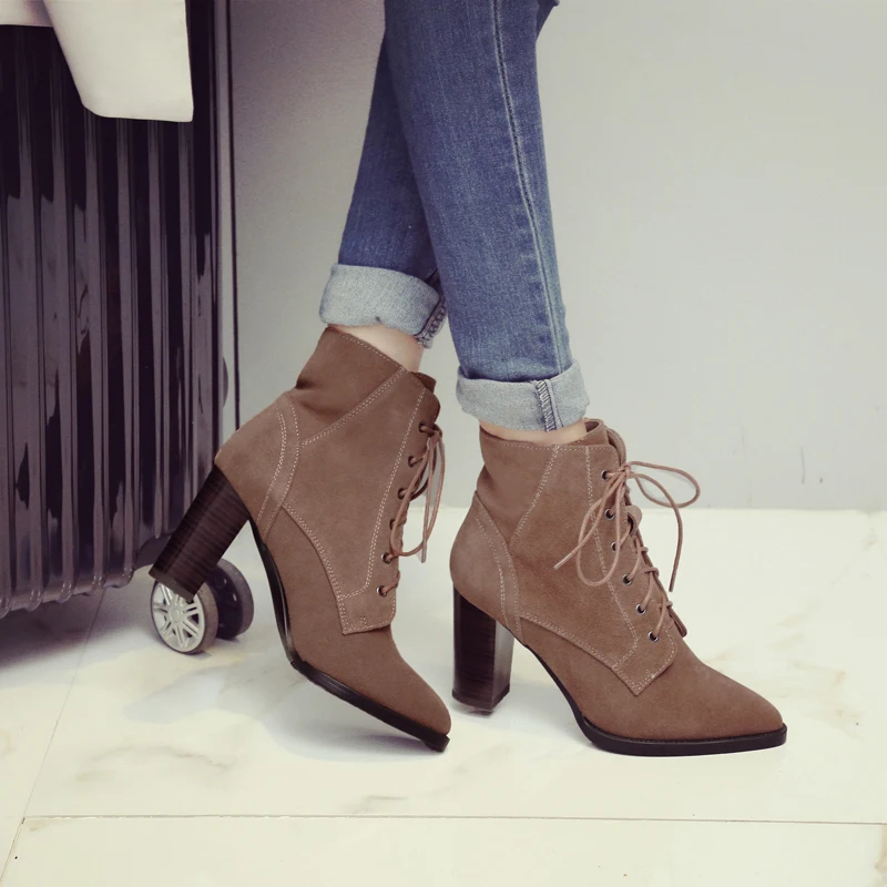 Women Autumn Winter Boots Black Brown Ankle Boots for Women High Heel 8cm