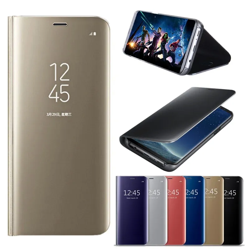 

For Samsung Galaxy S6 Edge S7 Edge S8 Plus S9 Plus Note 4 5 Note8 Note9 Luxury Clear View Mirror Leather Flip Stand Case Cover