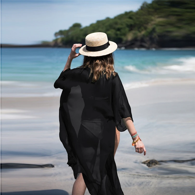 

2019 New Bikini Cover Up Beach Long Dress Beachwear Swimsuit Women Chiffon 3/4 Sleeves Shawl Kimono Cardigan A30