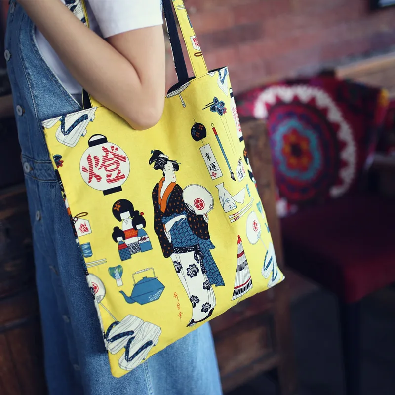 

Handmade Japanese style canvas bag retro geisha pattern canvas bag yellow tote bag daily shopping bag