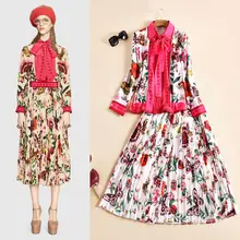 2016 woman spring autumn fashion elegant flower prints top shirt +A-line skirt casual 2 piece set designer outfit D6868