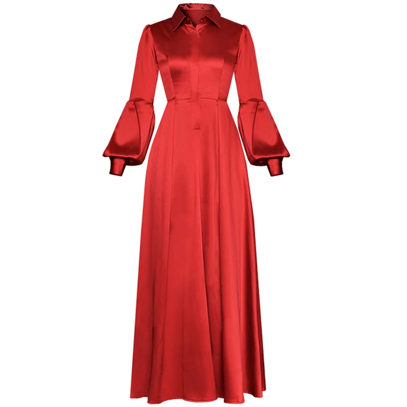 

Red RoosaRosee Vintage Turn-down Collar Lantern Sleeve Red Long Maxi Dress Women Runway Designer Party High Street Vestido Robe