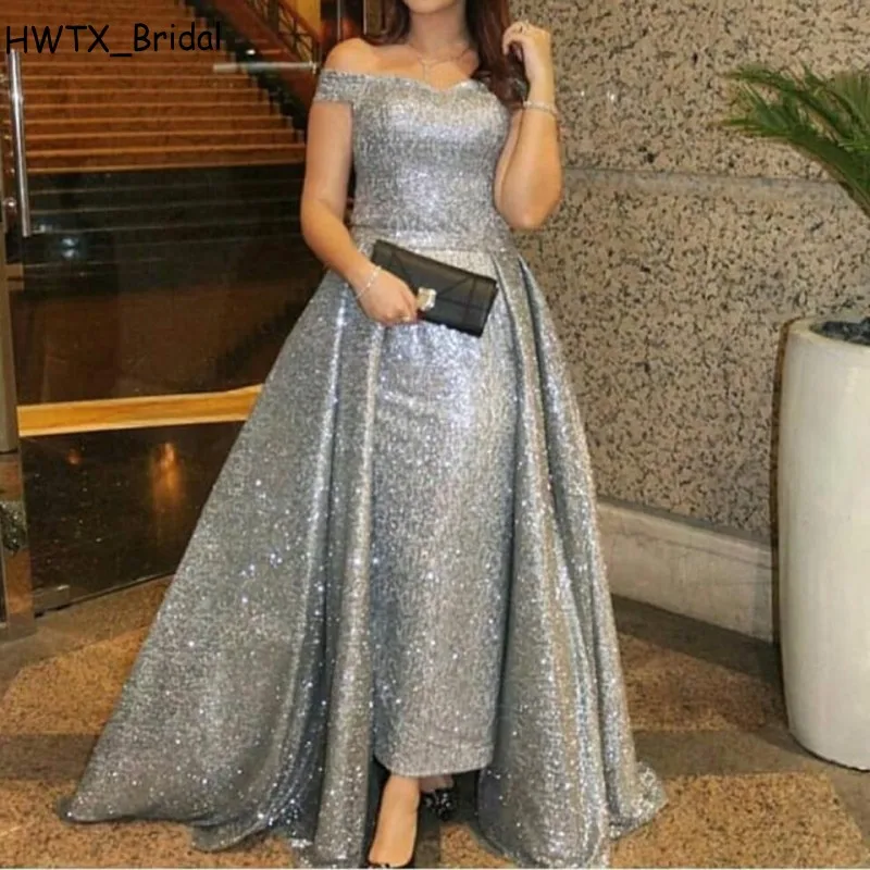 Silver Sequined Mother Of The Bride Dresses Gown Detachable Overskirt