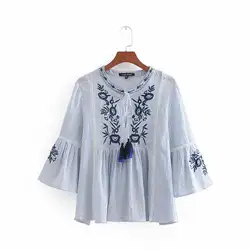2018 для женщин Винтаж с вышитыми цветами, в полоску кружево повседневные блузки, рубашка vestidos кисточкой связали chic femininas blusas топы