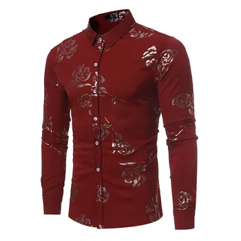 

2018 Long Sleeve Men's Luxury Tops Tee Slim Fit Casual Rose Flower Printed Shirts Black White Turn Down Collar Shirts Plus Size