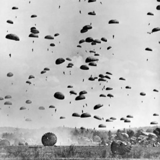 Soldiers flying with parachutes in the sky Poster Print (18 x 24)