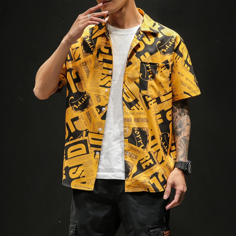 

Brand New Men Shirt Creative Printing Mens Shirt Pocket White Yellow Summer Shirt For Men