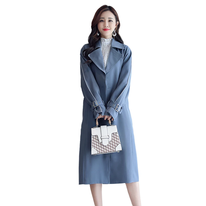 

New spring dress chic trench coat in ms long leisure relaxed autumn long knee-length coat is blue
