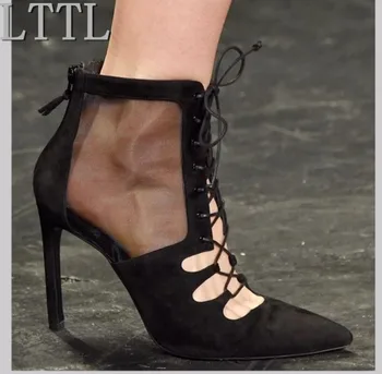 

LTTL Black Suede Women Boots Cut Out Point Toe Sandals Boots Lace Up Ankle Boots High Heels Shoes Woman Booties Botas Mujer 2017