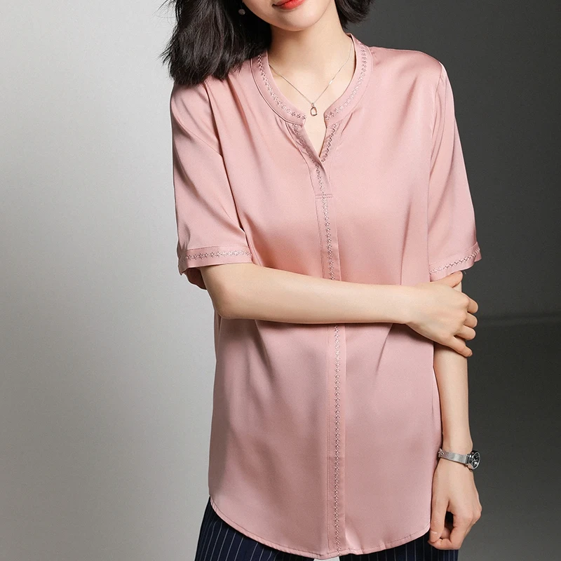 

Women's Shirt summer Natural Silk Tops And Blouses Elegant Short Sleeve Loose Tunic Silk Shirts Clothing Shirt Blusa Feminina