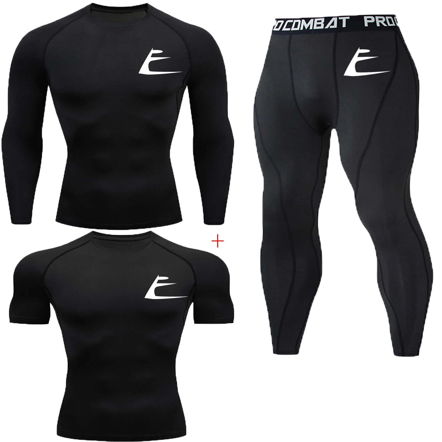 

Three-piece quick-drying slim printed Tshirt compression trousers bodybuilding O-neck short-sleeved + long-sleeved men's T-shirt