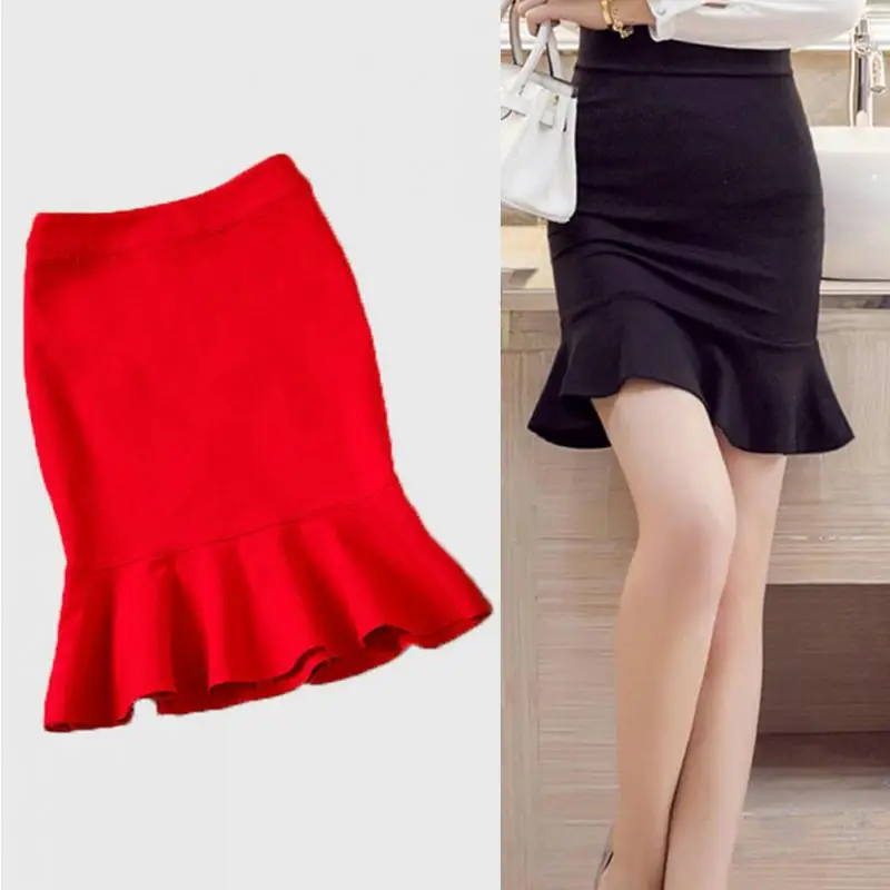 

New Women's Skirts Fashion Sexy Hip Skirts High Waist Ruffle Mermaid Skirt Sheath Frill Hem Slim Black Red Skirt