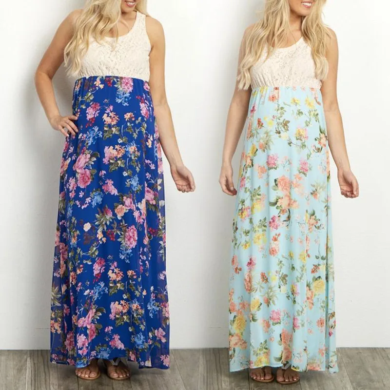 

Women Lady Maternity Dress Sleeveless Printing Lace Splice Loose Fashion For Party 998