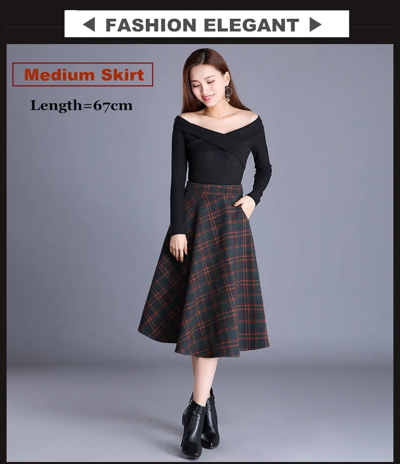 S-4XL New Women's Wool Blends Skirts Winter Autumn Fashion Elegant Printed Plaid Thicken Slim Medium Length Skirt Female