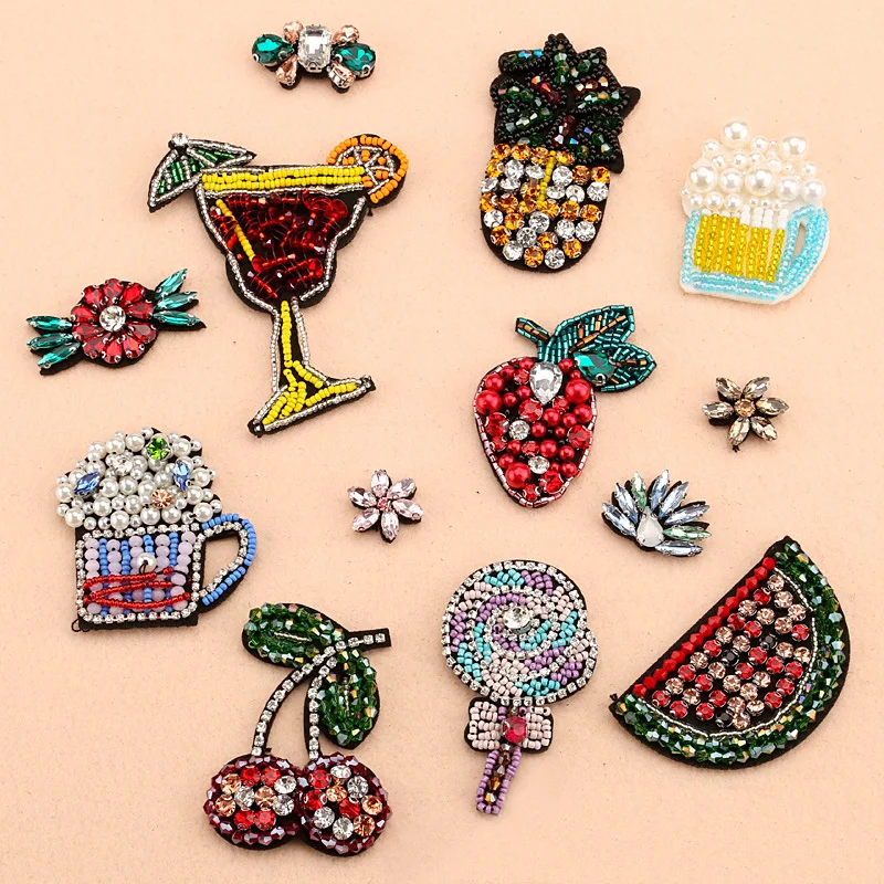 

Patch Beer Cherry Flower Fruit Diamond Embroidery, Hand-beaded Rhinestone Insect Cloth Stickers Embroidery Patch DIY Accessories