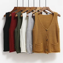 Женский вязаный жилет пальто осень зима Карманы Свободные кардиганы свитер жилет куртка-безрукавка Топы Женский короткий жилет SF1585