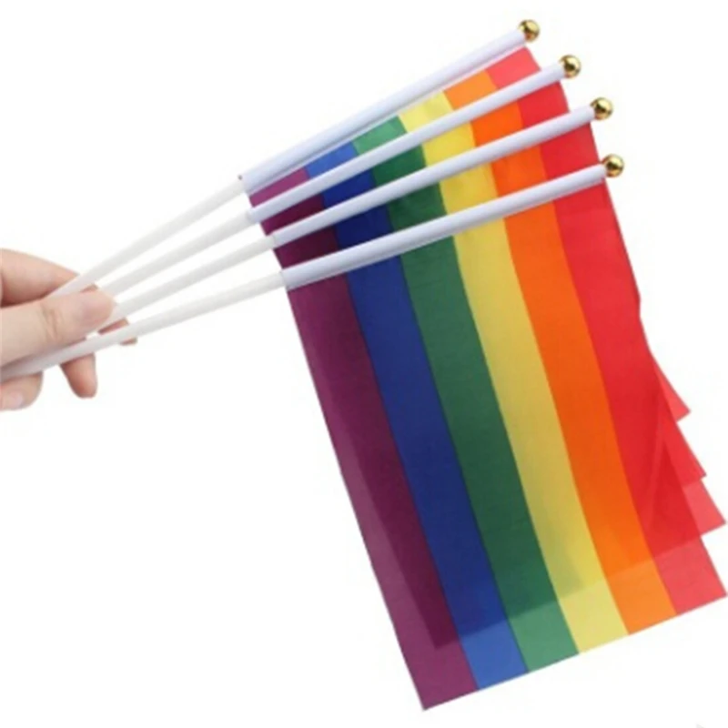 

Colorful 12 Pcs Gay Pride Small National Flag Rainbow Hand Waving Flags With Plastic Flagpoles For Sports Parade Decoration