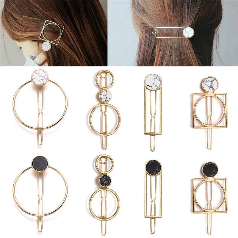 

New Fashion Women Girls Gold Marble Plated Metal Square Circle Moon Hair Clips Metal Circle Hairpins Holder Hair Accessories