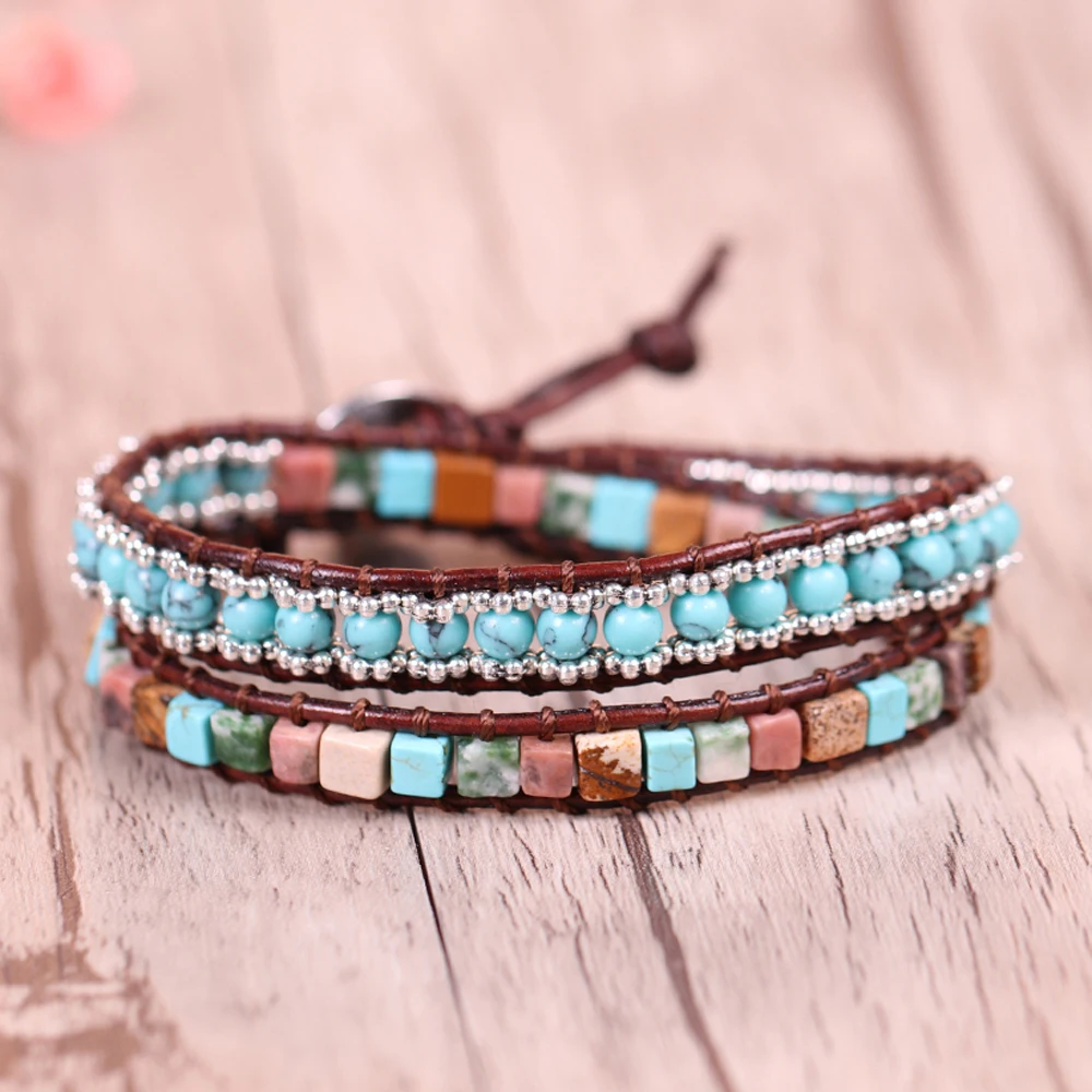 

Natural Stone Turquoises Handmade Yoga Jewelry Wrap Bracelets Bangles Multilayer Leather Beaded Bracelet For Women