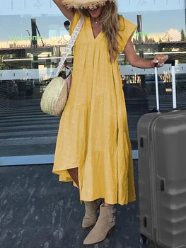 

Fashion Womens Sleeveless V-Neck Baggy Casual Solid Loose Dress Summer