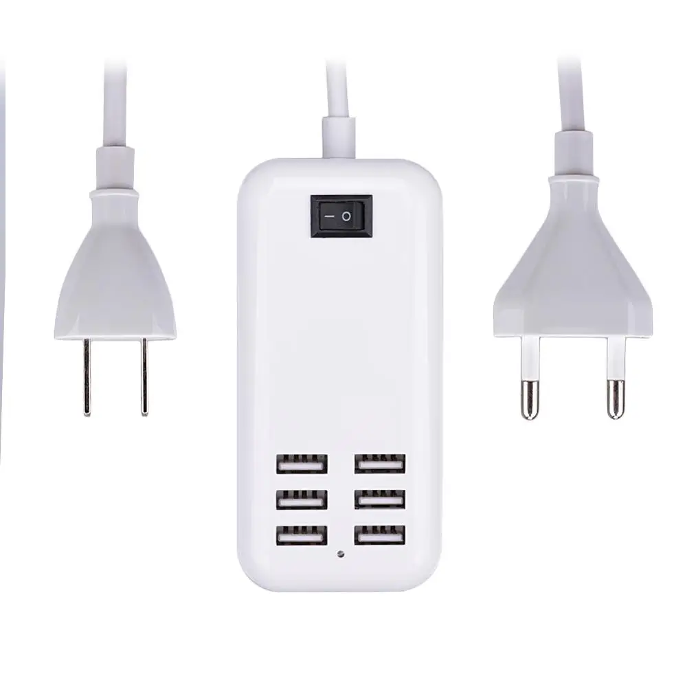 

6 Ports Portable USB Hub Desktop EU US Plug Wall Charger AC Power Adapter Slots Charging Extension Socket Outlet With Cable