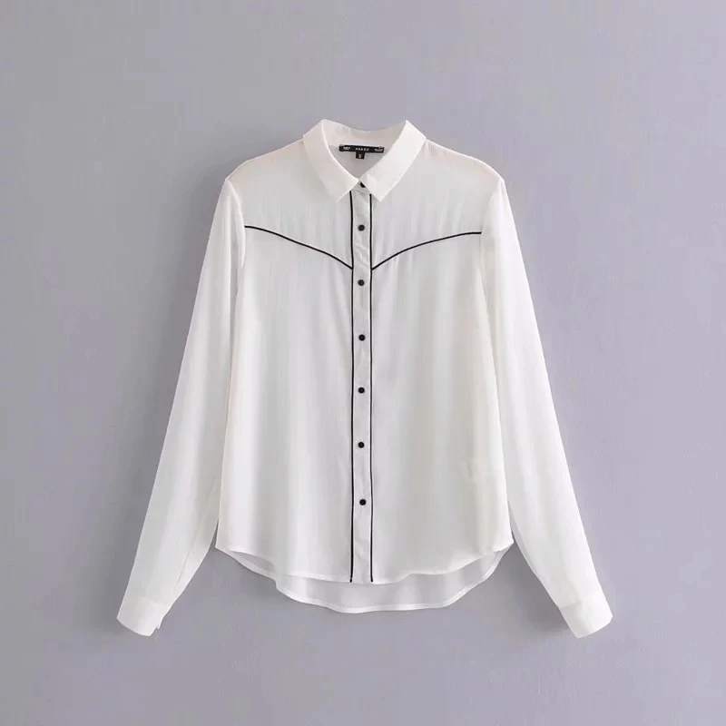fashion women edge piping simple white shirts casual long sleeve blouse ...