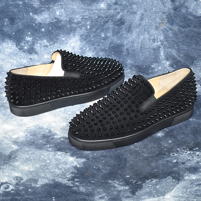 As Bout Hommes Mujer Mode Populaire Daim Slip Chaussures on Style Zapatos De Sneakers Rond Rivets Main Noir En Appartements Show BF1w85Uq