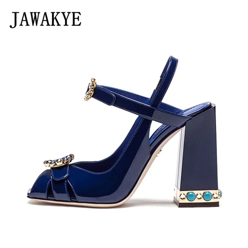 New Runway Designer Women Sandals Jewel Heel Blue leather Chunky High Heel Shoes Pumps ladies Crystal Buckle Sandals Party shoes stylesowner pearl decor chunky high heel peep toe women sandals for summer crystal buckle rivet beaded runway lady shoes pumps