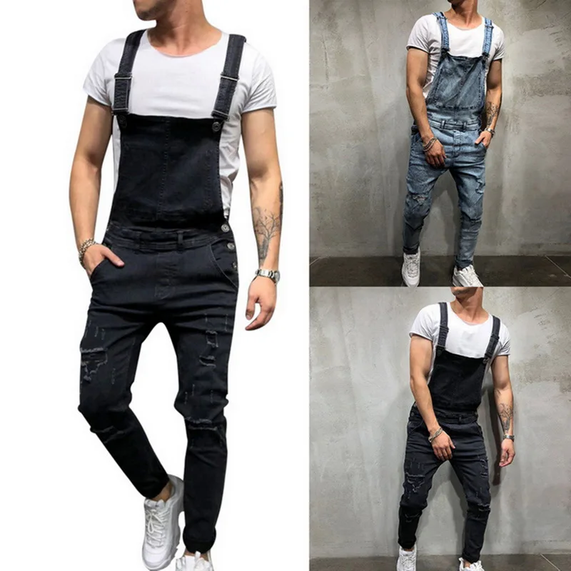 

CALOFE 2018 New Ripped Jeans Jumpsuit Men Fashion Streetwear Hole Denim Overalls Autumn Male Casual Pockets Vintage Jeans