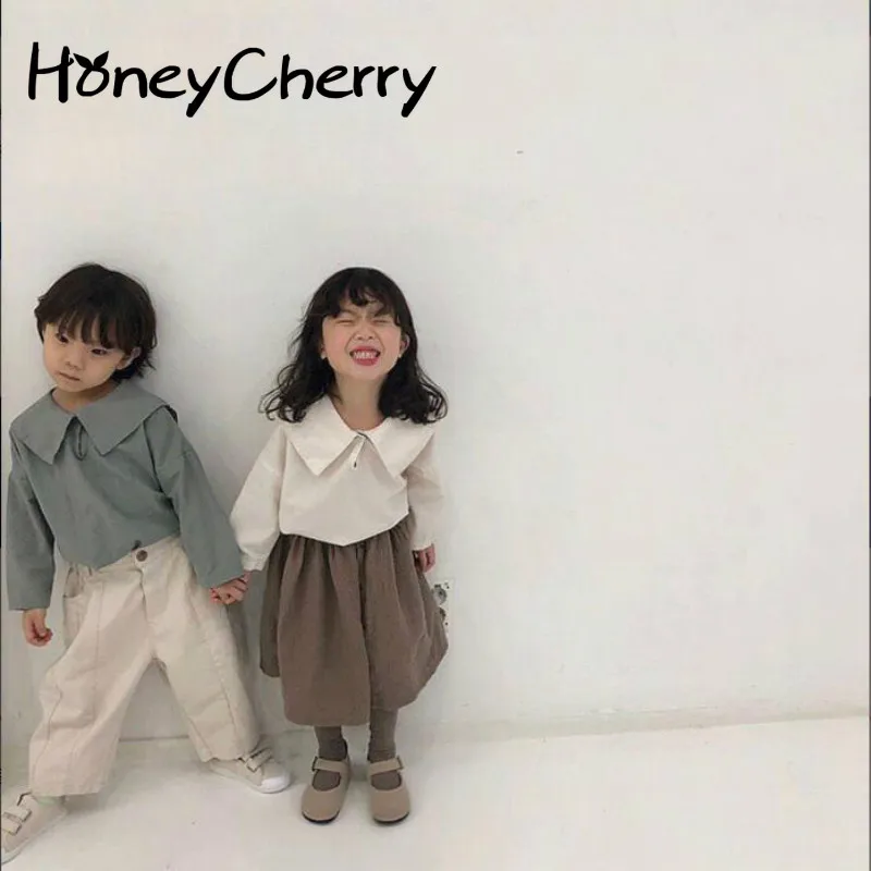 

2020 autumn Girls Blouse male and female baby cotton long-sleeved navy shirt collar cute 2-color neutral section